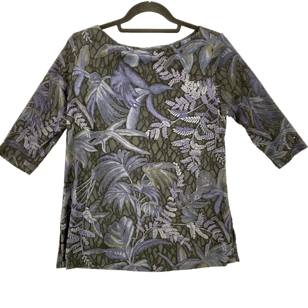Carole Little Blouse Womens S Black Velvet Tunic Floral Boat Neck 3/4 Sleeve